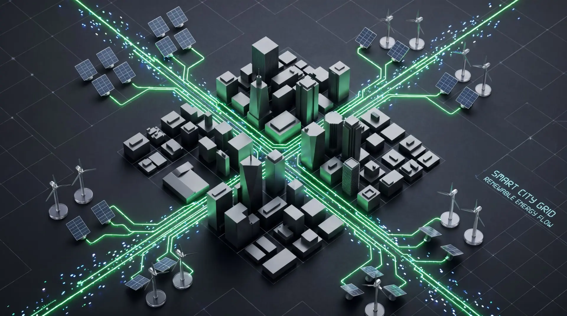 Isometric smart city grid with renewable energy flowing along illuminated lines